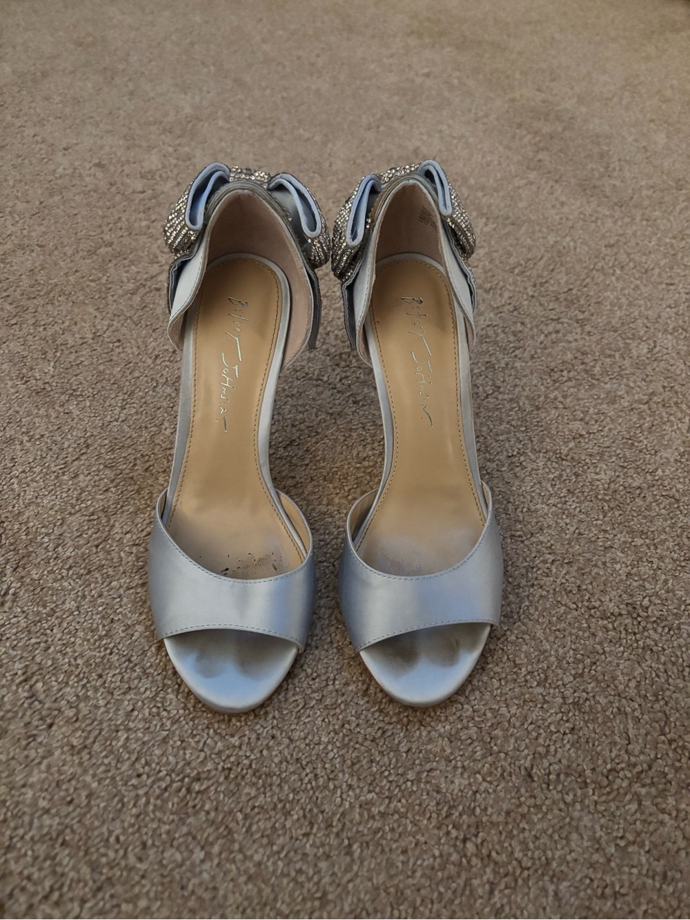 Betsey Johnson Silver Jeweled Ankle Bow Open-Toe Heels